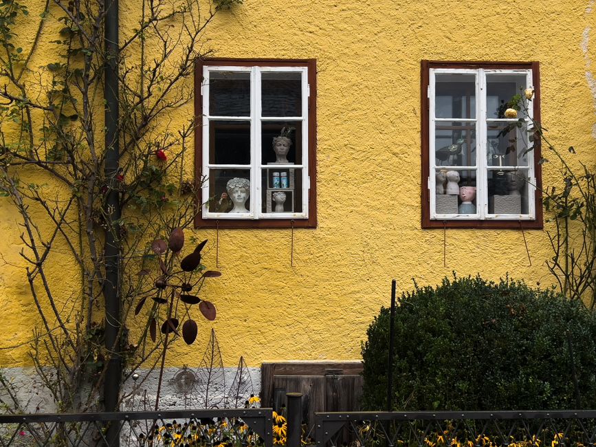 Yellow house wall with two white framed windows